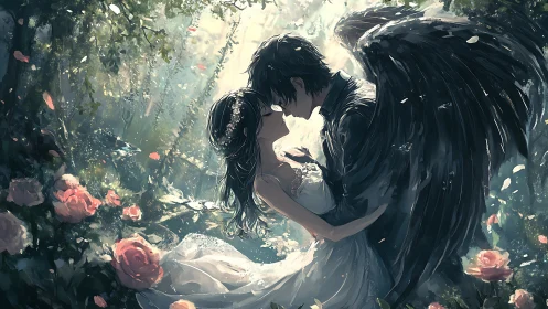Soft garden embrace with a dark-winged guardian angel.