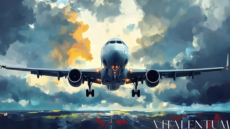 Twin‑engine jet landing under storm‑lit cumulonimbus sky