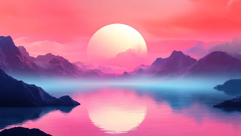 Neon twilight sun melts over misty mountains and mirror sea.
