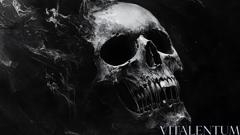 Monochrome human skull rendered in high contrast detail.