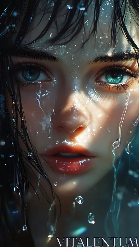 Wet portrait highlights luminous teal eyes and droplets.