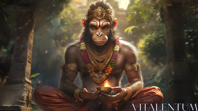 Divine monkey sage meditates with sacred flame bowl