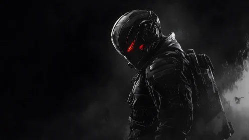 Cybernetic assault operative with glowing red visor eyes.