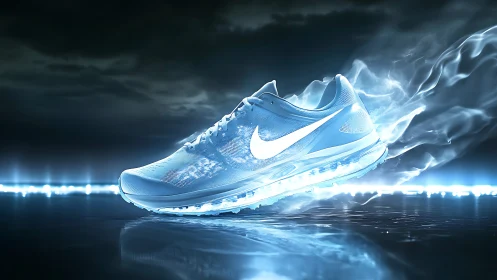 Glowing running shoe races forward with energetic blue light