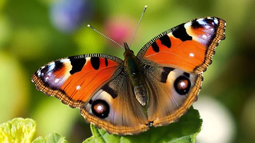Macro optical study of an orange peacock butterfly on foliage.