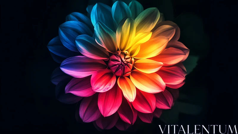 Vivid multicolored dahlia flower on dark black background.