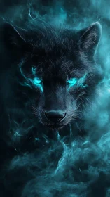 Glowing eyed wolf head emerging from swirling teal smoke.
