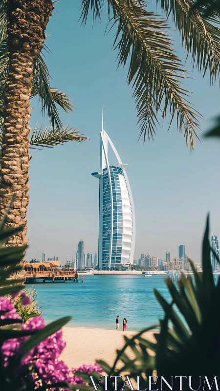 Burj Al Arab hotel photographed from tropical garden perspective