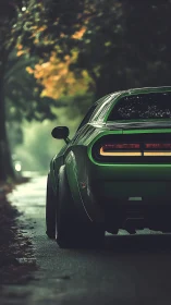 Rear three quarter view isolates a neon green muscle car