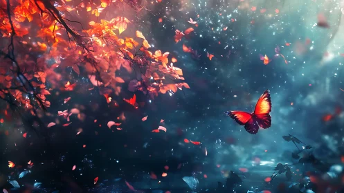 Luminous orange butterfly drifts through glowing forest dusk