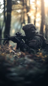 Photorealistic tactical sniper in misted woodland bokeh field.