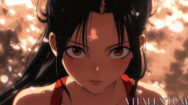 Cinematic anime close-up with dramatic bokeh lighting focus.