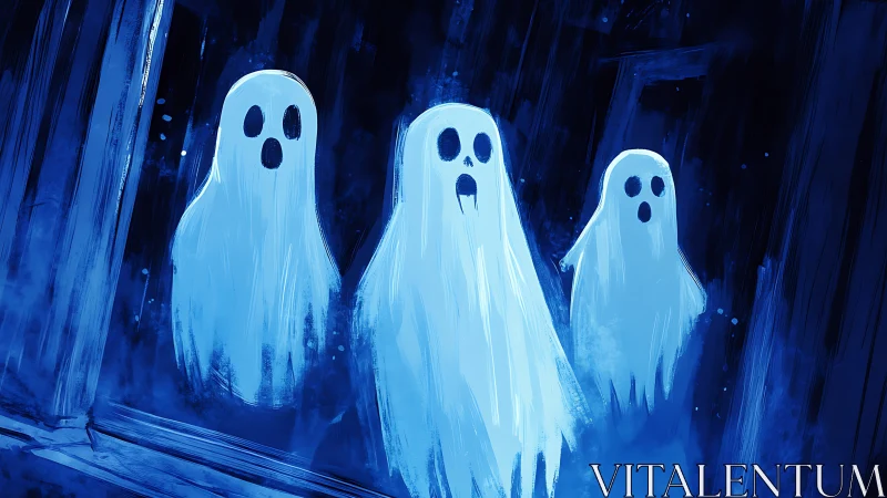 Playful blue ghosts drift together in a softly glowing night