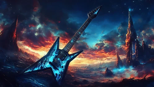 Electric guitar ignites a cosmic storm over alien cliffs