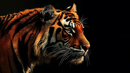 Golden-eyed tiger gazes calmly into the quiet darkness