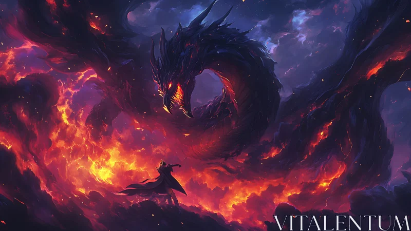 Midnight fire dragon and lone hero in swirling stormlight.