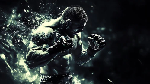 Dynamic Fighter in Motion with Energy Particle Effects