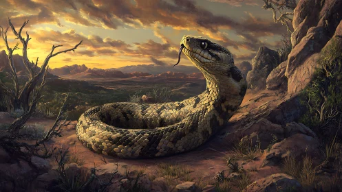 Coiled snake on rocky desert hillside at sunset landscape.