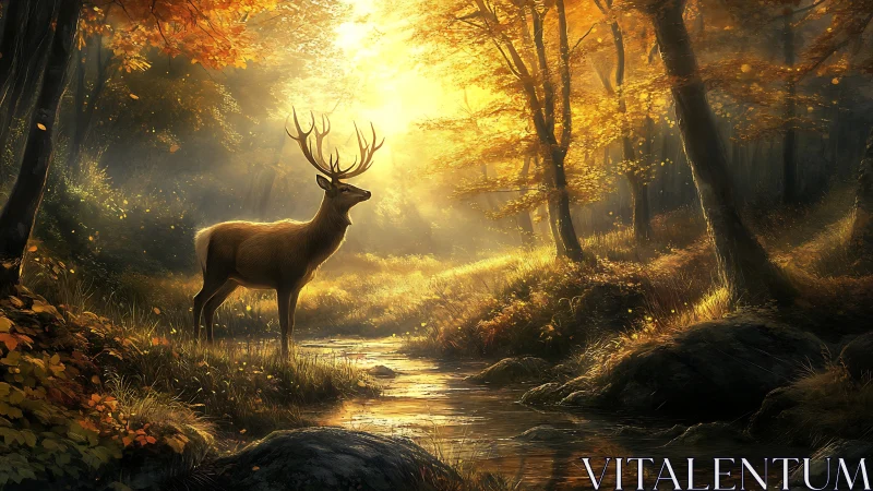 Majestic stag in autumn forest bathed in golden sunlight, digital art.