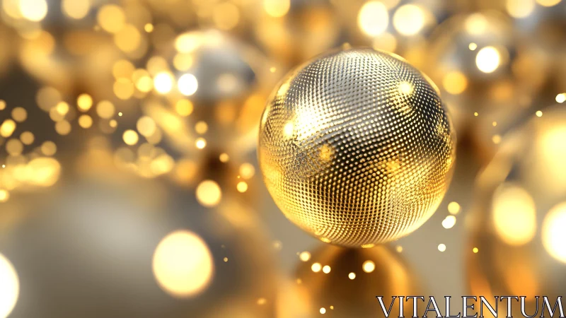 Shimmering Golden Sphere with Abstract Bokeh Lights, 3D Render.