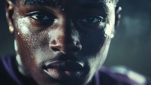 Intense close-up portrait of sweaty focused athlete.
