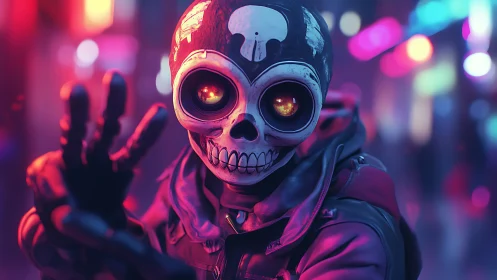 Neon skull-masked figure in cybernetic street illumination.