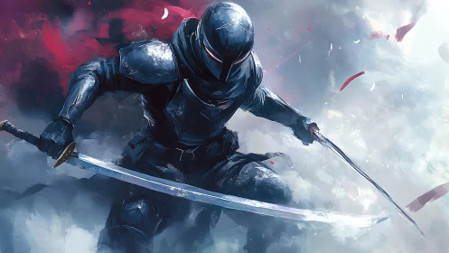 Armored cyber ninja with twin katanas in storm clash.