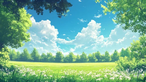 Summer clouds drift lazily above a meadow framed in green