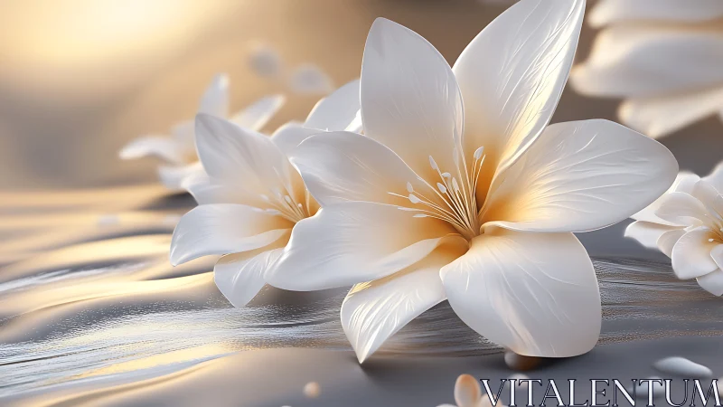 Translucent White Lily Petals with Golden Stamen Detail on Brushed Metallic Surface