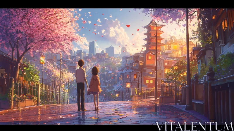 Twilight cityscape romance under blooming cherry blossoms.