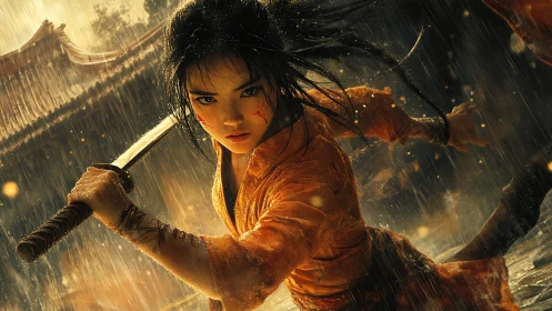Female warrior with sword in rain-soaked courtyard scene.