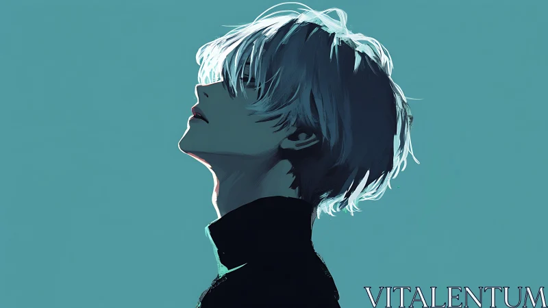 Side-lit anime portrait isolates profile in cyan negative space
