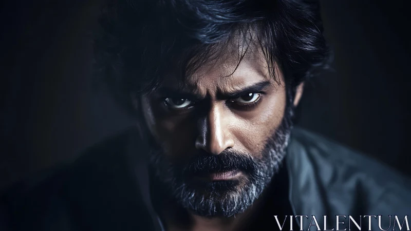 Portrait shows intense frontal close-up of bearded man