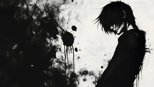 Ink-drowned loner bends into a storm of spreading silence.