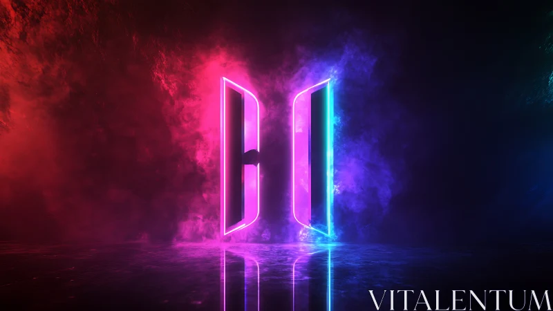 Neon portal doors glow in vivid pink and blue mist.