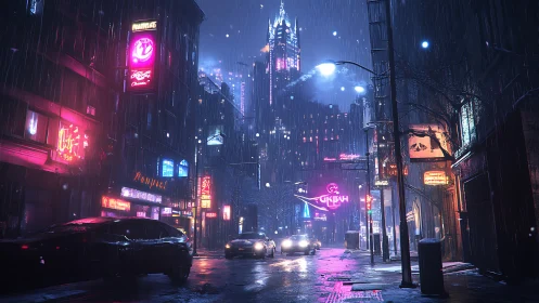 Rainy neon city street with cars and tall lit skyline.