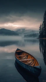 Wooden canoe rests on misty lake under moody dawn sky