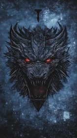 Ferocious dragon head with red eyes on icy blue field.