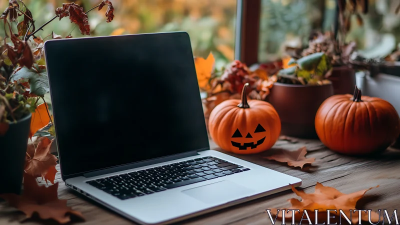 Laptop on cozy autumn desk glows with subtle Halloween charm