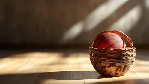 Sunlit basketball nestles in woven wicker courtside cradle.