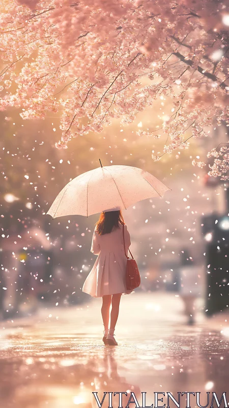 Umbrella pilgrim wandering under blushing cherry snowfall.