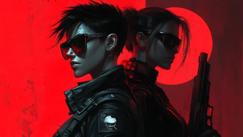 Cyberpunk operatives stand back to back before red sun