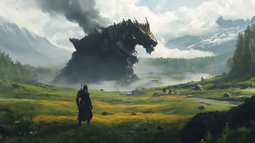 Collapsed mechanical dragon dominates misty alpine valley