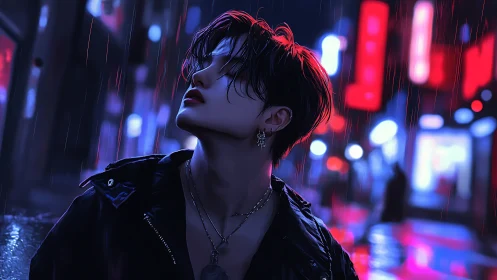 Neon-soaked loner under cyberpunk rainlit city glow.