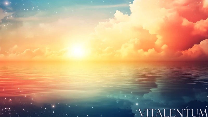 Celestial sunset horizon over tranquil oceanic mirror plane.