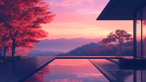 Modern glass villa with infinity pool at magenta sunset