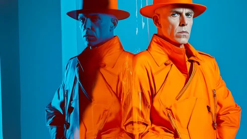 Twin neon detectives in mirrored orange trench standoff.