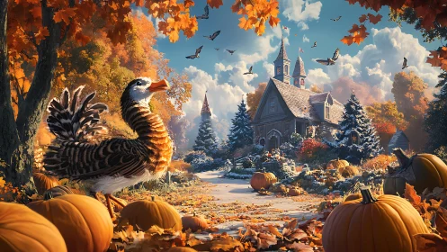 Joyful autumn goose strolls along a pumpkin-lined village path