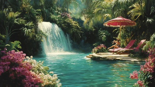 Sunlit jungle waterfall pool invites lazy tropical daydreams