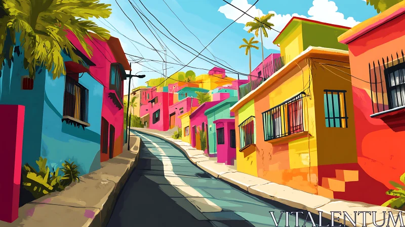 Sunlit hillside street wrapped in playful tropical color.